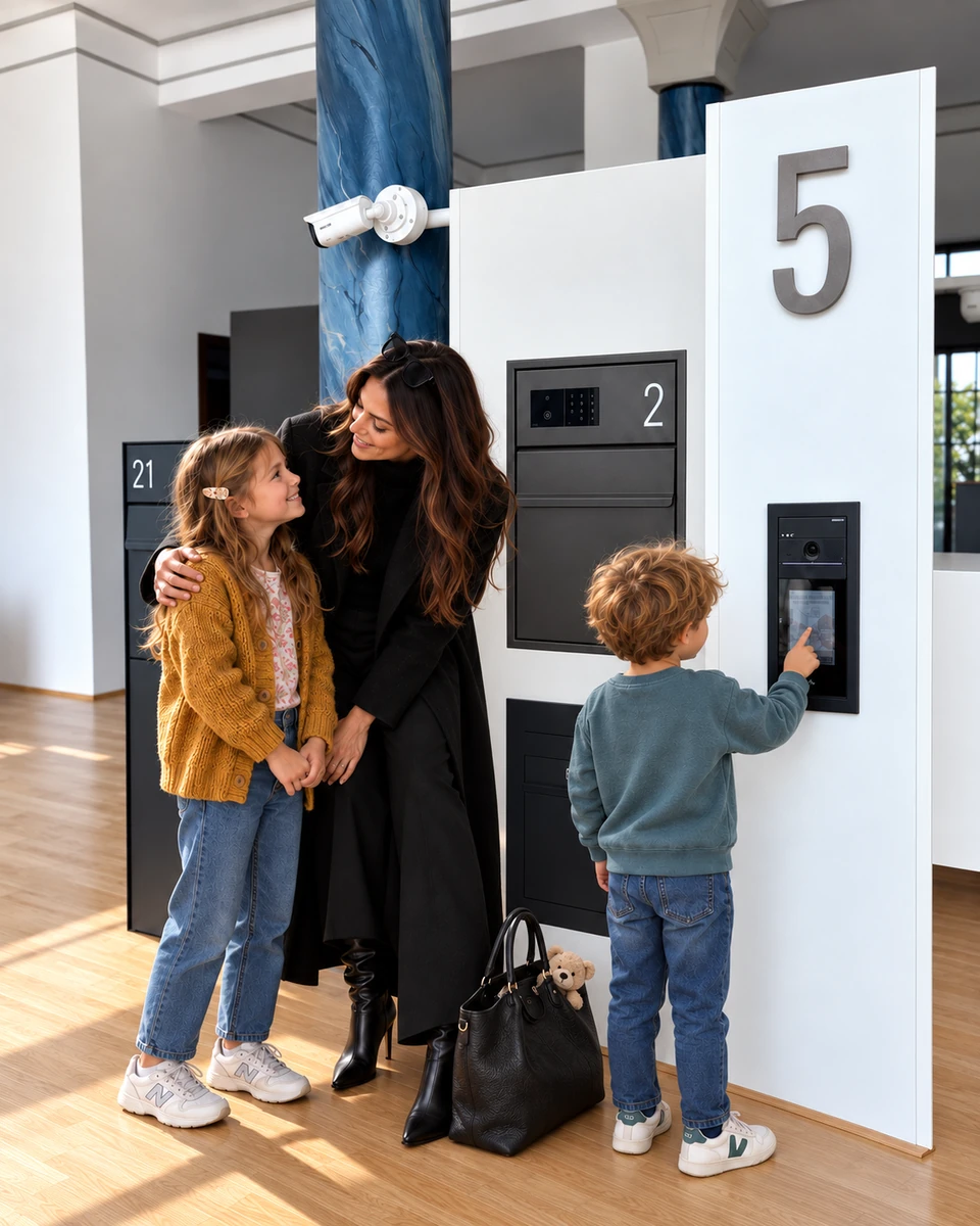 Mama und Kinder beim Probeklingeln in der HELLO-Ausstellung