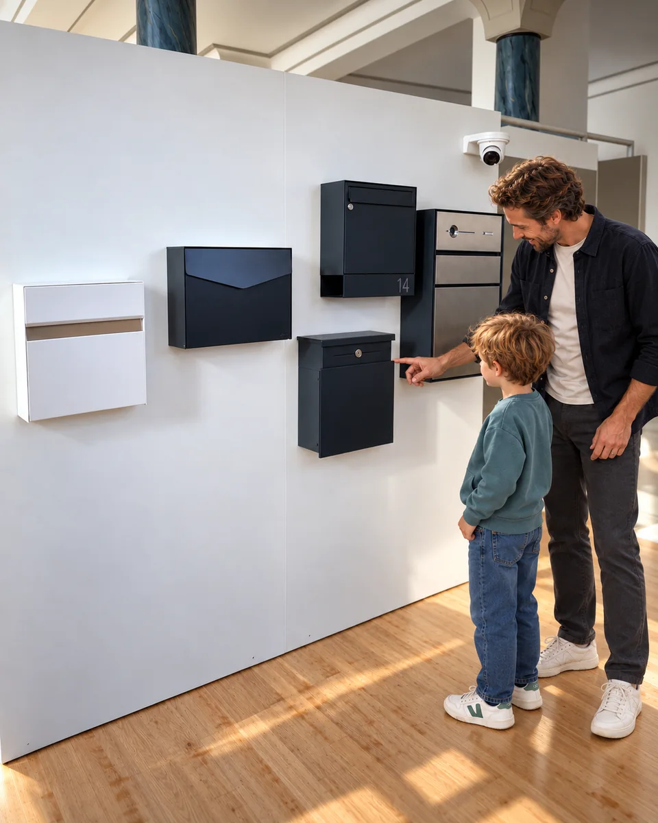 Papa und Sohn entdecken die Einzelbriefkästen an der weißen Ausstellungswand
