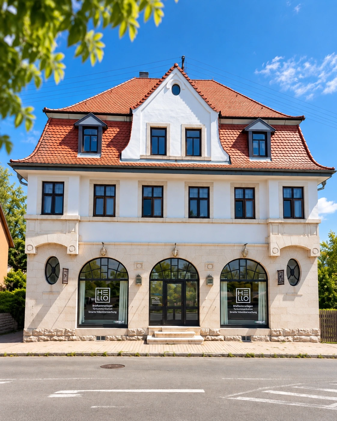 Außenansicht des Gebäudes mit der HELLO-Ausstellung in Blaufelden